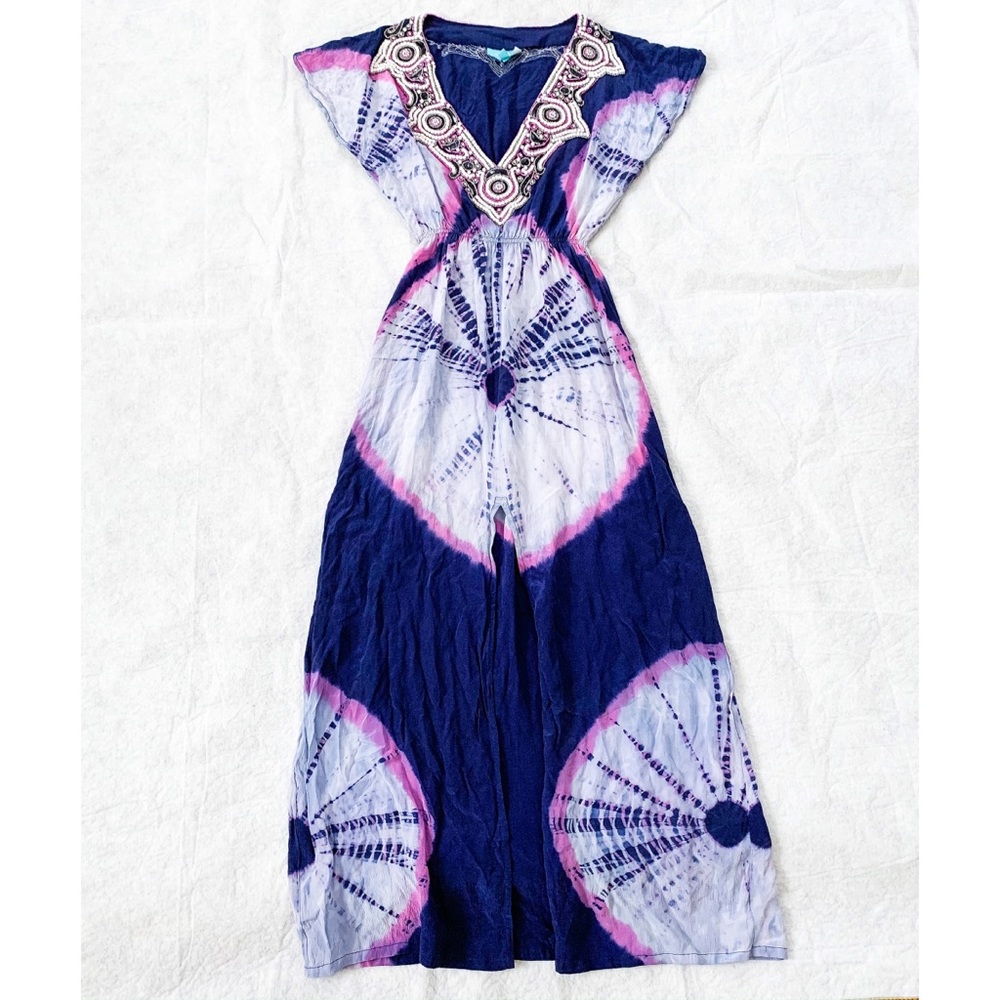 Taj by Sabrina Cripper Tie-Dye Jeweled Silk Dress